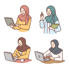 Set of Business Woman in Hijab Hand drawn Style