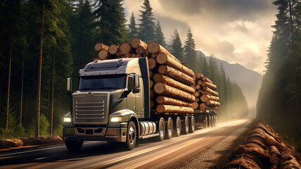 Majestic Logging Trucks Transporting Wood. Generative Ai