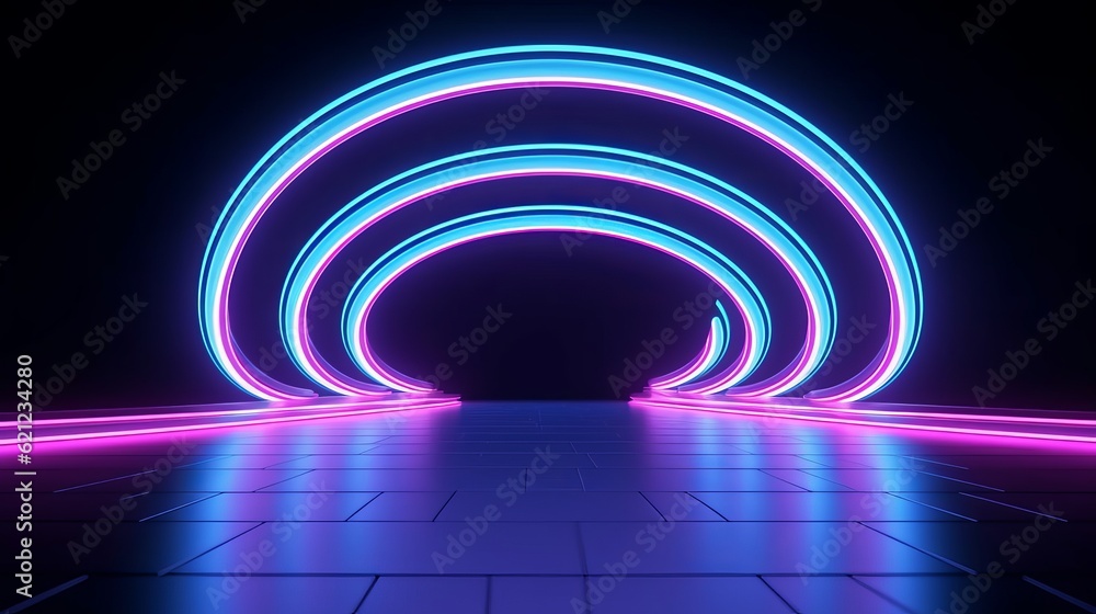 Poster 3d render, abstract simple background illuminated with pink blue neon neon light generative ai
