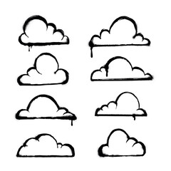 Urban style graffiti clouds collection set sprayed with leak and splashes. Vector hand drawn textured illustration on white background for banner, decoration, tatoo, street art, halloween eps 10