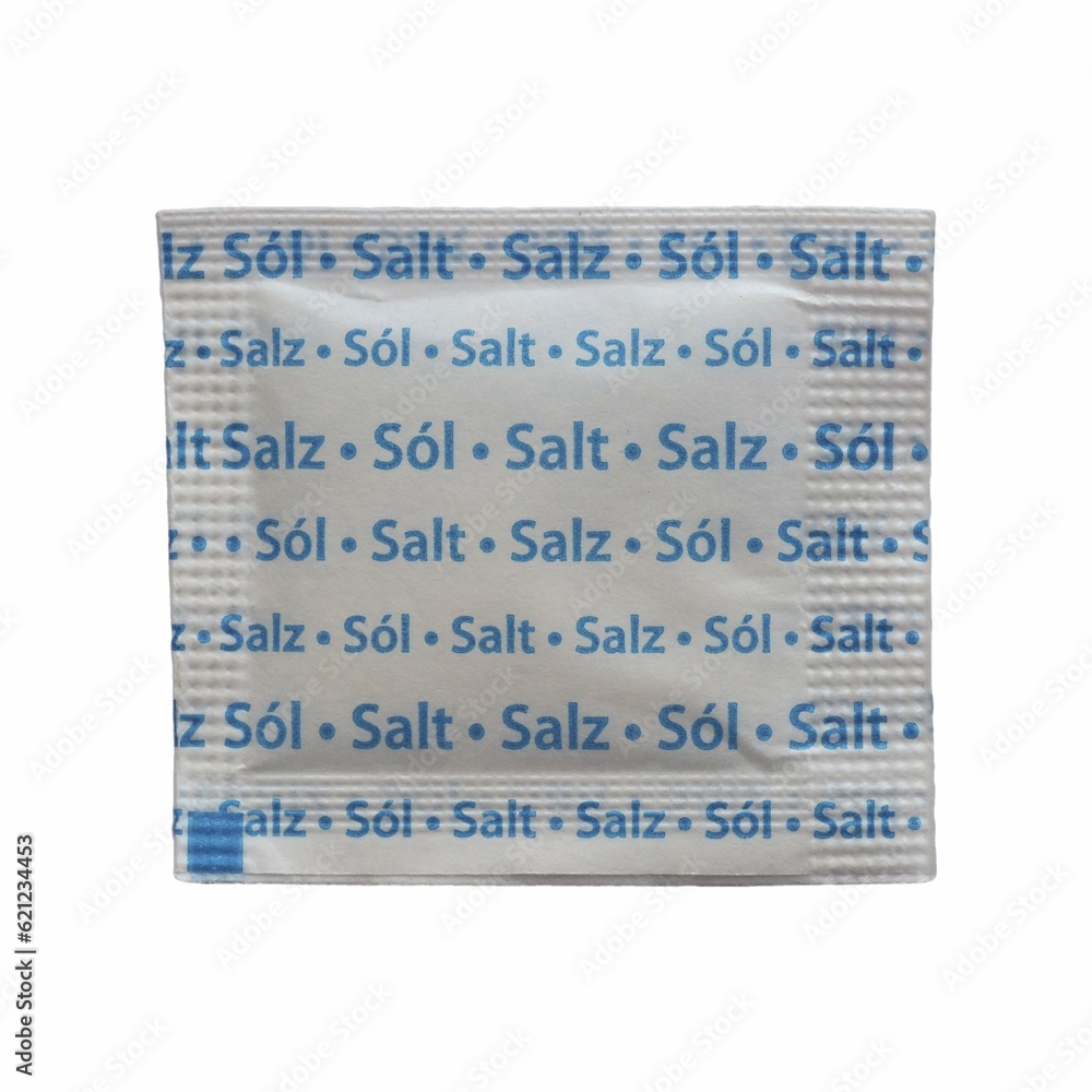 Sticker individual salt sachet isolated over white