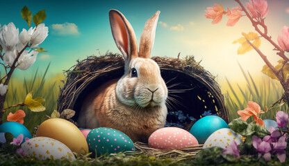 Easter bunny colorful eggs. Nature. Generative AI