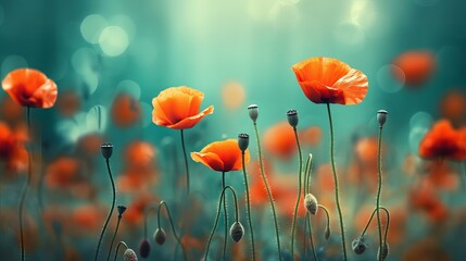 Fototapeta premium Blooming red poppies in a field in spring in nature on a turquoise background with soft focus, macro Generative AI