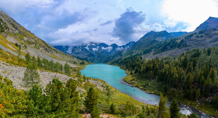 Fototapeta na wymiar Summer Landscape beautiful mountains Poperechnoye Multinskoye lake, Altai travel Aerial top view