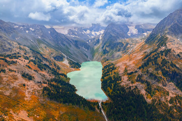 Fototapeta na wymiar Autumn Landscape beautiful mountains Altai with Upper Multinskoye lake, Aerial top view