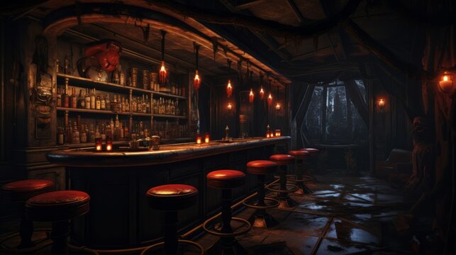 Generative AI Halloween bar dark interior design. No people. Intimidating pub decorations with red lighting.
