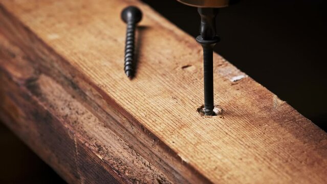The screw is unscrewed from a wood board with a screwdriver, close-up. A self-tapping screw is undriven from its place with a power drill in macro. Rotation of wood screw thread.