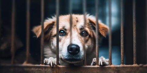 Generative AI. Stray animals concept. Homeless animals in the shelter. Stray sad dog in the cage in the shelter. 