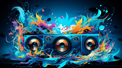 Sound Multimedia Soundsystem Hifi Audio Soundbox Lautsprecher Membran abstrakt cyan blau Style im Querformat. Generative Ai. 