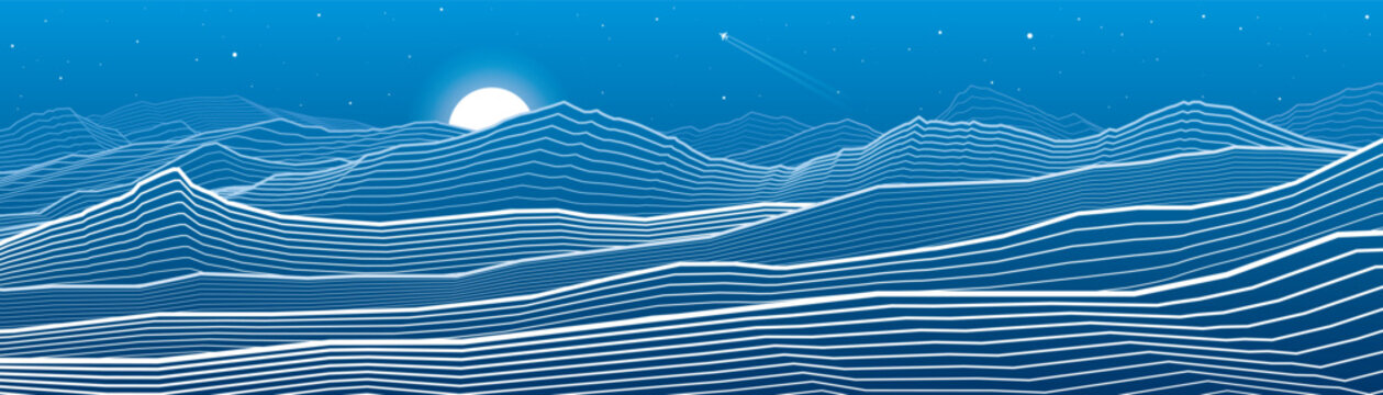 Mountains outline illustration. Night desert landscape. Sand dunes. Moon and stars. Vector design art