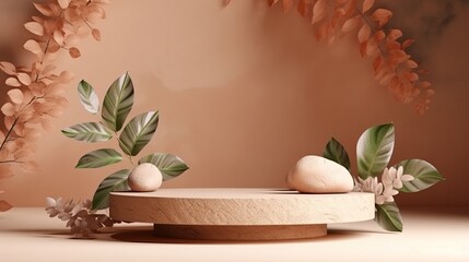 Stone product display podium with nature leaves on brown background. 3D rendering Generative AI