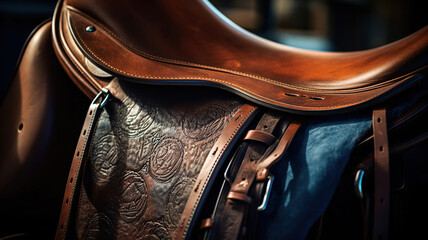 Showcasing the Weathered Leather Saddle with Stirrups for Show Jumping on the Back of a Magnificent Sport Horse. Generative Ai