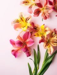 Fototapeta na wymiar Alstroemeria (peruvian lily) flowers on a pink background. Wedding, mother's day, women's day concept. Floral web banner.