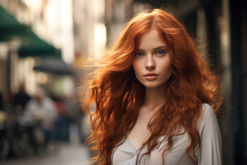 Obraz premium Close up of a redhead young woman with a city scene background. Generative AI