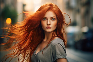 Close up of a redhead young woman with a city scene background. Generative AI