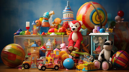 Fototapeta na wymiar Whimsical Still Life of Colorful Toys and Trinkets. Generative Ai