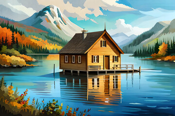 Fototapeta premium Lake House landscape. AI generated illustration