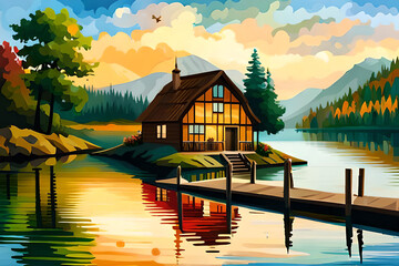 Fototapeta premium Lake House landscape. AI generated illustration