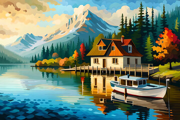 Fototapeta premium Lake House landscape. AI generated illustration