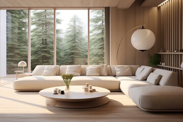 Fototapeta na wymiar Luxury & Modern Interior of a Wooden mixed with White creating an Inviting Living Room