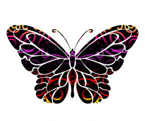 Beautiful symmetrical colourful gradient butterfly design with batik ethnic dayak pattern 