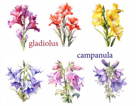 Garden flower set, watercolor gladiolus and campanula. Generative ai