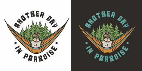 Man sits on a camping hammock in the forest. Adventure trip outdoor element