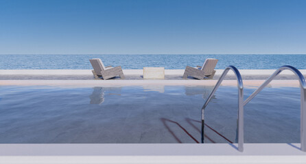 View of empty mediterranean sea in Greece during their summer holidays swimming pool beach house Hotel Resort on only two wooden chair  3d rendering with sea views.