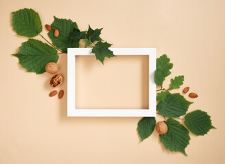 Naklejka na ściany i meble White wooden frame for your text in summer green tree leaves and almonds and walnut on beige background.