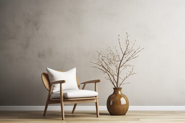 Modern Living Room with a Comfortable White Sofa and a White Picture on a Gray Wall. Generative AI.
