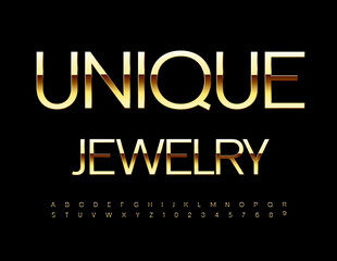 Obraz premium Vector advertising Card Unique Jewelry. Golden Slim Font. Trendy Exclusive Alphabet Letters, Numbers and Symbols