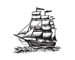 Sailing ship sketch, hand drawn illustrations. Vector.	

