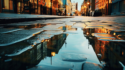 Fototapeta na wymiar Abstract Cityscapes Mirrored in Puddles After Rain. Generative Ai