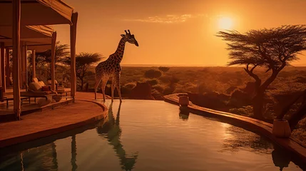  the Gerrafe visit luxury hotel at sunset after safari excurison in the African savannah . Generative AI © vasanty