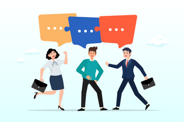 Smart business people team with connected jigsaw puzzle speech bubble, compromise to get solution in business meeting, leadership to communicate and connect ideas in brainstorm session (Vector)