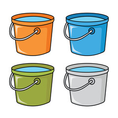 Kids drawing Cartoon Vector illustration four cute plastic buckets with water icon Isolated on White Background © wordspotrayal
