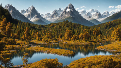 The beauty of the Summer Forest with Crystal Clear Lake and giant white mountain