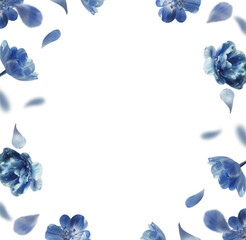 Floral overlay frame with pretty flying blue flowers and falling petals, isolated on transparent background
