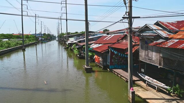 Bangkok.thailand 29.10.2022 landscape view of Burirom Canal at hua takhe market..Hua Takhe Market is the ancient wood market by Privet Burirom Canal.
