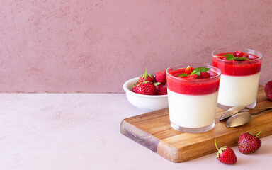 Panna Cotta with strawberries and mint. Dessert. Vegetarian food.