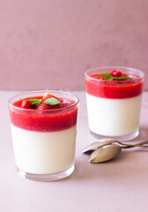 Panna Cotta with strawberries and mint. Dessert. Vegetarian food.