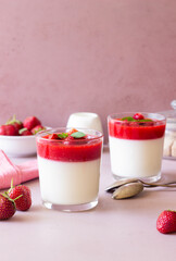 Panna Cotta with strawberries and mint. Dessert. Vegetarian food.