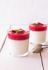 Panna Cotta with strawberries and mint. Dessert. Vegetarian food.