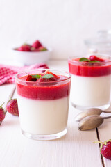 Panna Cotta with strawberries and mint. Dessert. Vegetarian food.
