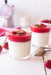 Panna Cotta with strawberries and mint. Dessert. Vegetarian food.