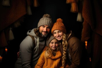 Fototapeta na wymiar Very Happy Scandinavian Family In Cozy Winter Sweaters And Hats. Generative AI