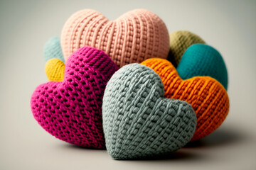 Colorful knitted hearts made of wool on light background - obrazy, fototapety, plakaty