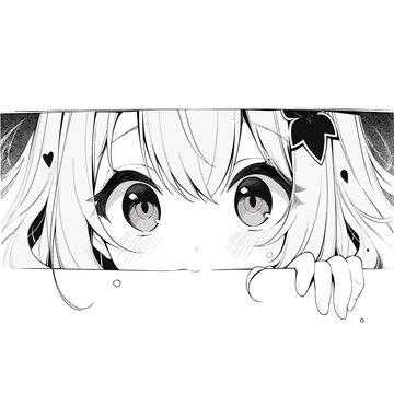 Manga eyes looking from a paper tear. Black and white color. Anime girl peeps out isolated on white background. Vector illustration EPS10
