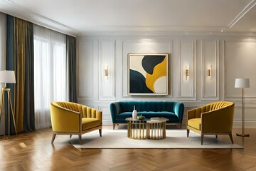 Luxury premium living room with two yellow mustard armchairs and a golden brass table. Painted accent empty wall for art. Dark room interior design. Mockup space ivory beige brown color. 3d rendering