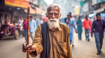 Fototapeta na wymiar portrait of old man with walking stick in city, made with Generative AI